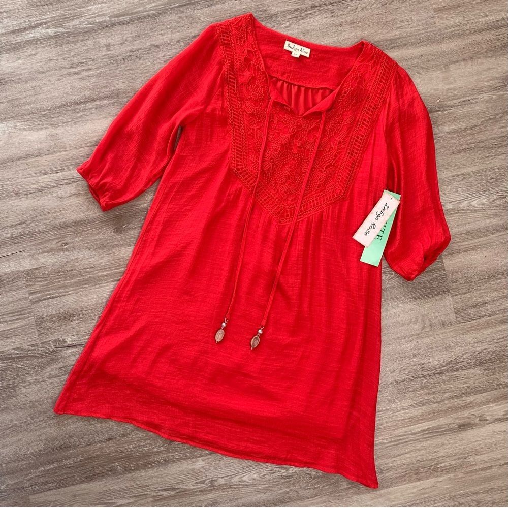 Indigo Rose NWT Red Orange Boho Crochet Beaded Mini Dress Petite S